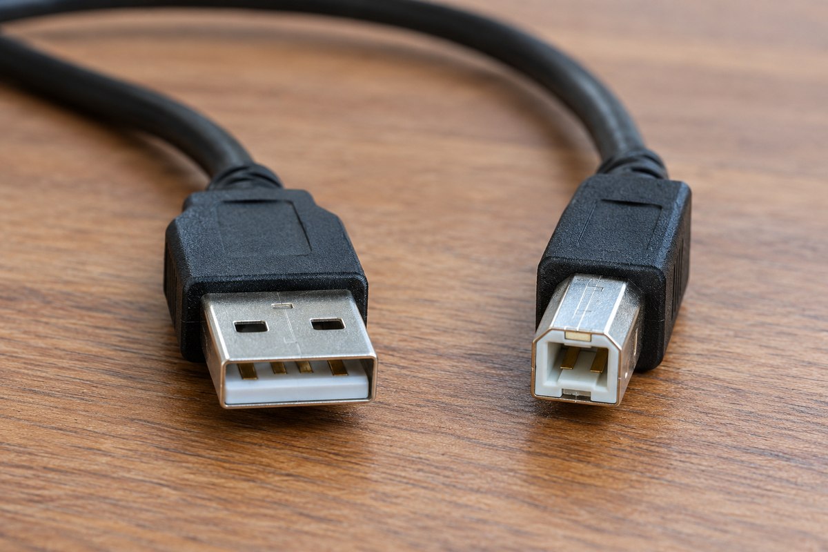 프린터용 USB 케이블의 USB-A·USB-B 커넥터를 확인하는 설명용 이미지