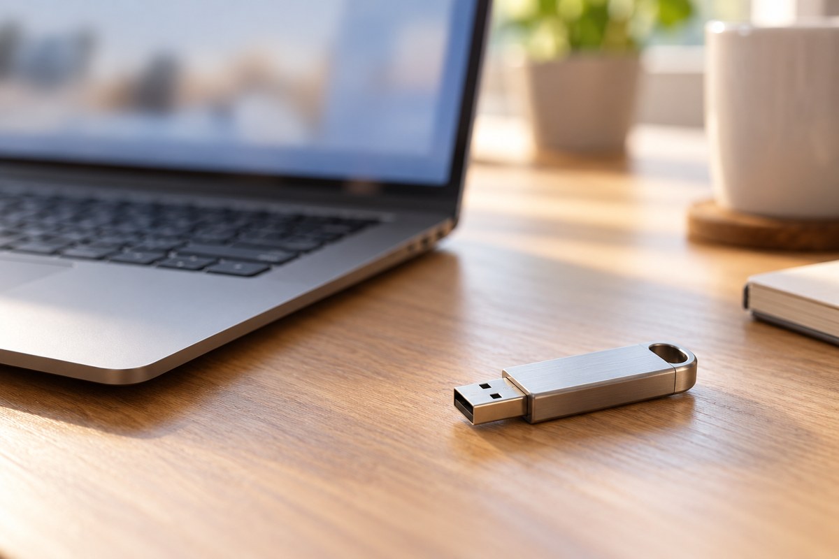 노트북 옆 책상에 놓인 USB 메모리