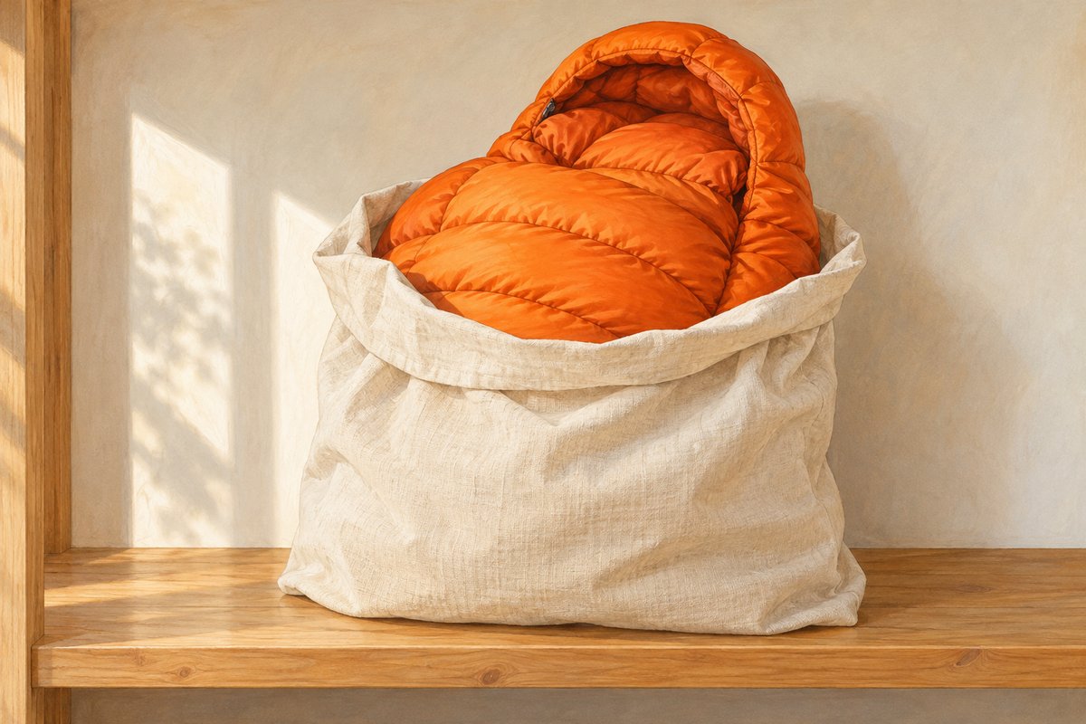 주황색 다운 침낭을 넉넉한 천 주머니에 느슨하게 넣어 건조한 실내에 보관한 일러스트