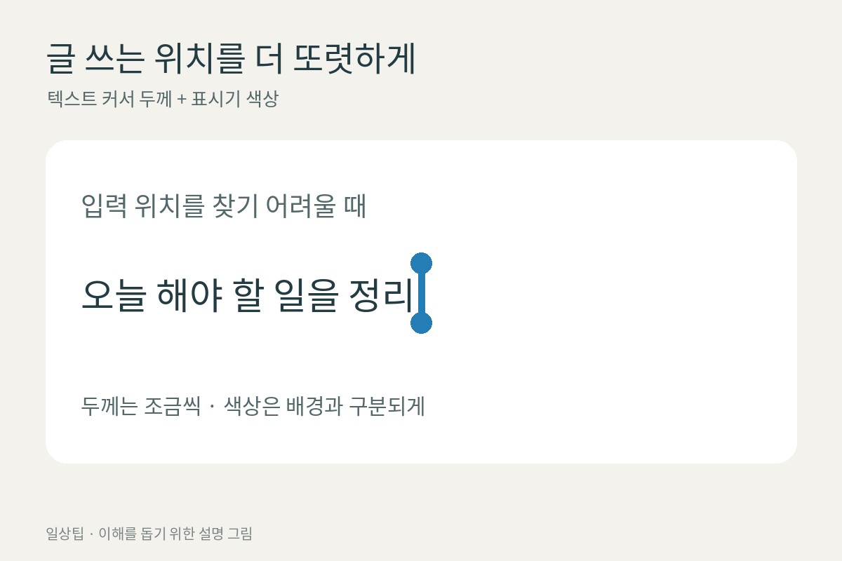 글자 사이의 입력 위치를 굵은 선과 색 표시로 강조한 설명 그림