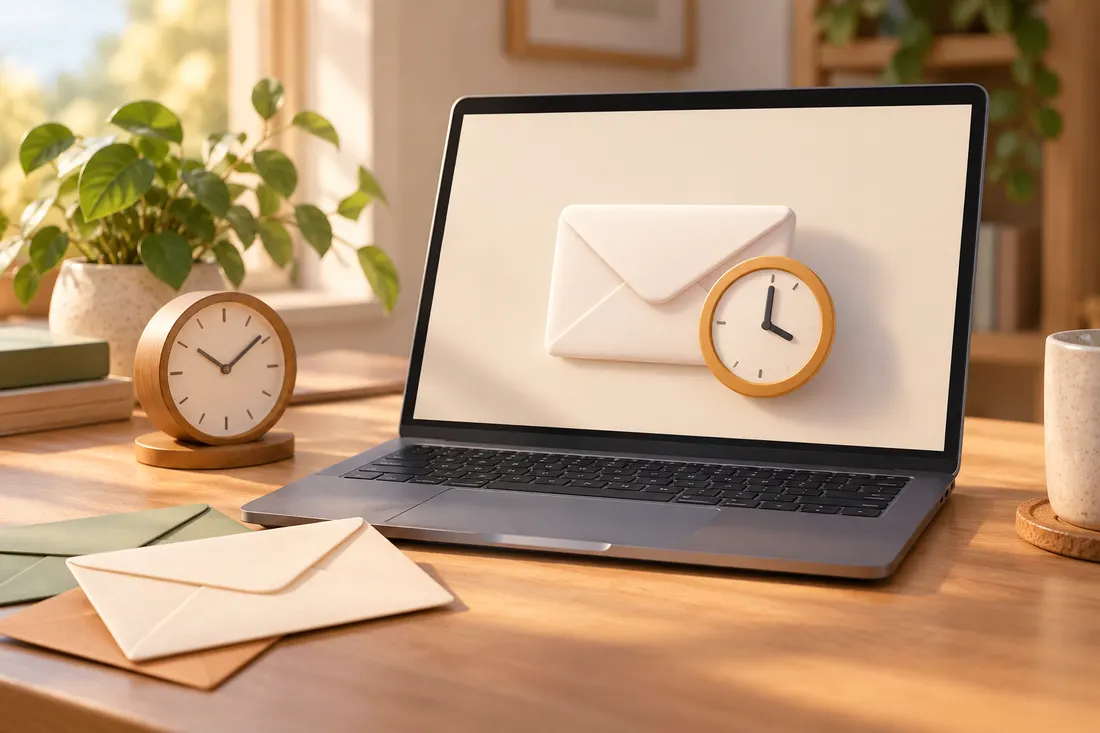 노트북 화면의 봉투와 시계로 표현한 Gmail 메일 다시 알림 개념